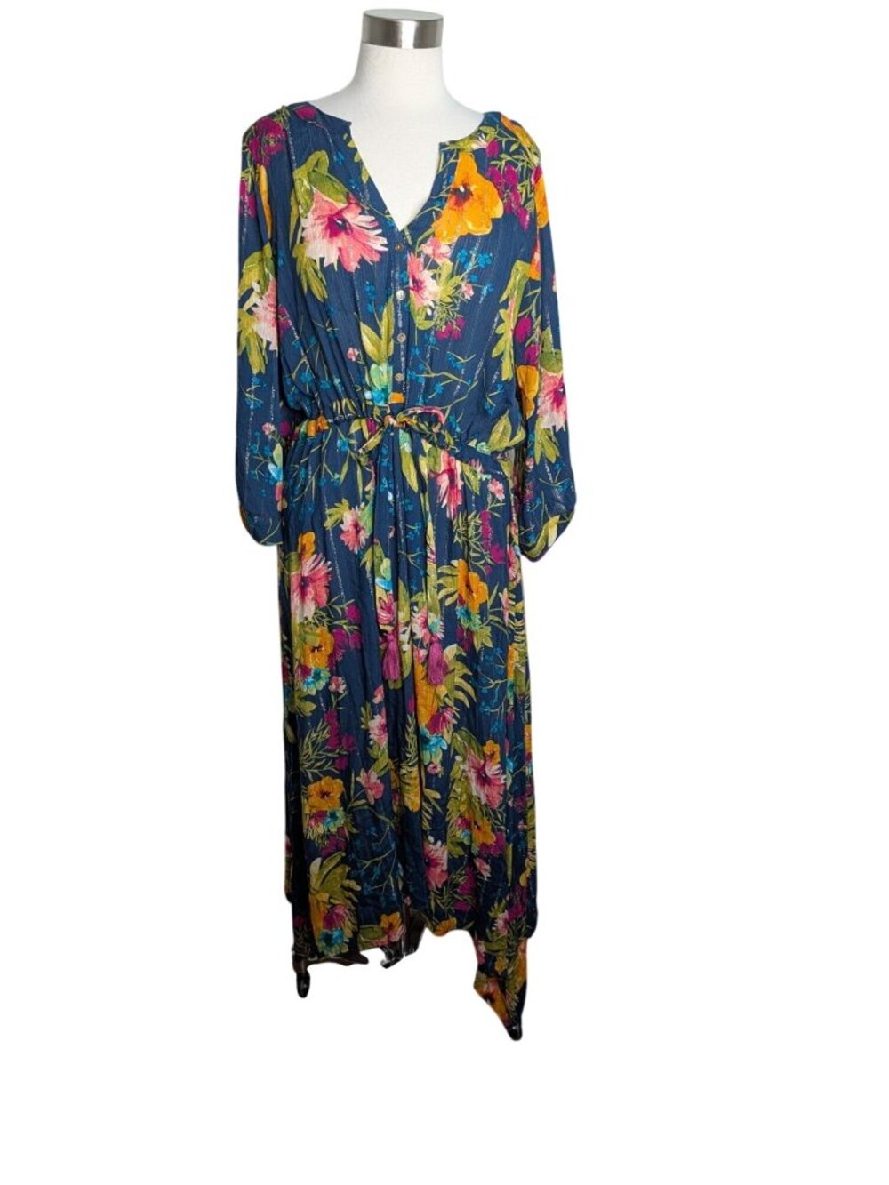 Cult Of Design Floral Maxi Dress 1X With Metallic Gold Threads Shark Bite Hem 3/